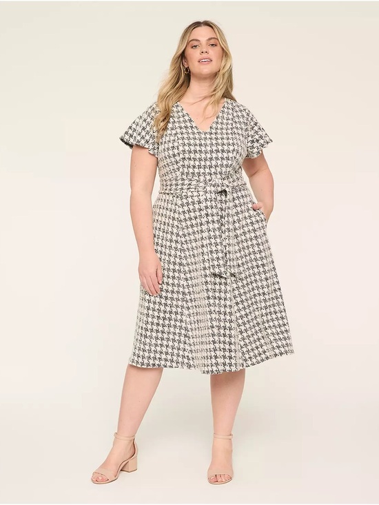 Lane Bryant Lena Midi Fit & Flare Dress Size 18/20P Black White Houndstooth - Picture 2 of 12